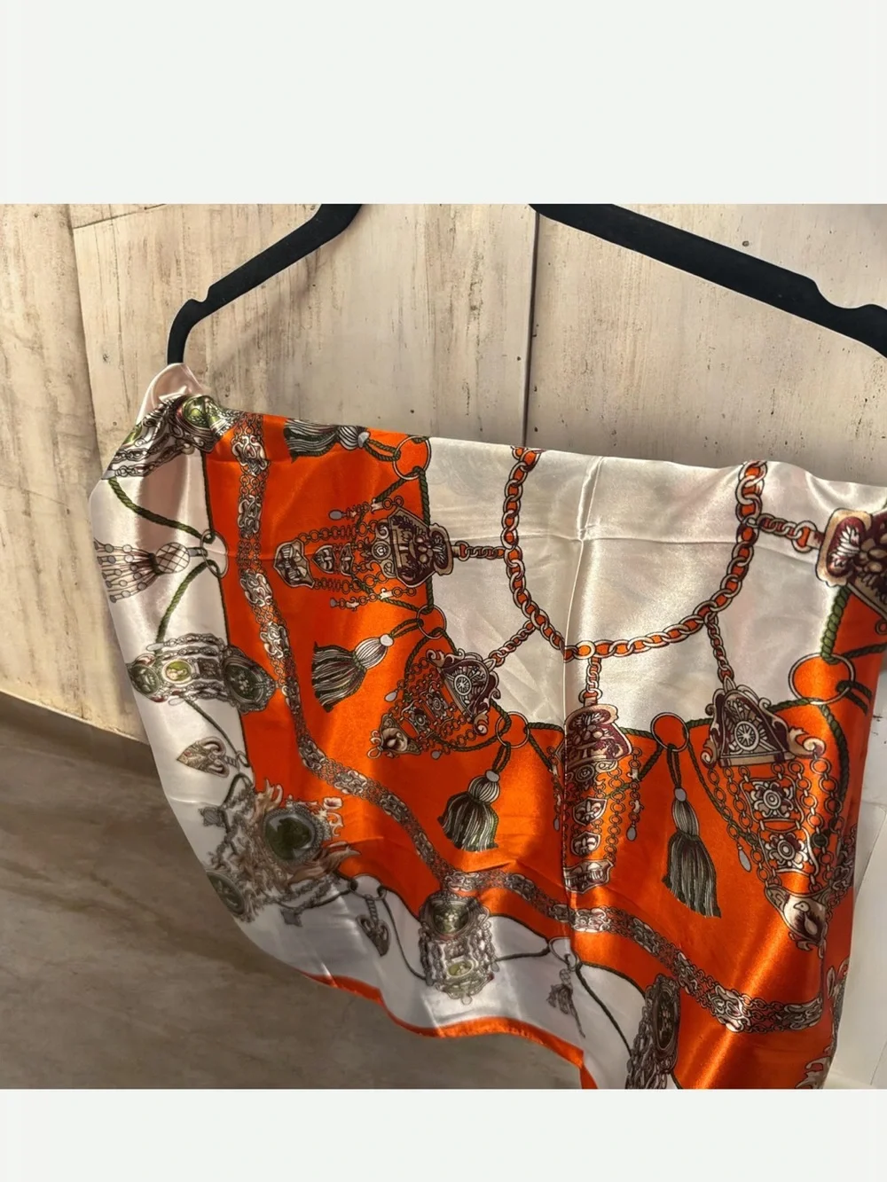 Silk-Feel Orange and White Chain Print Scarf